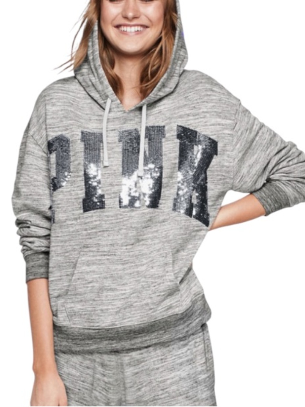 PINK Gray Sequin Bling Logo Athletic Hoodie